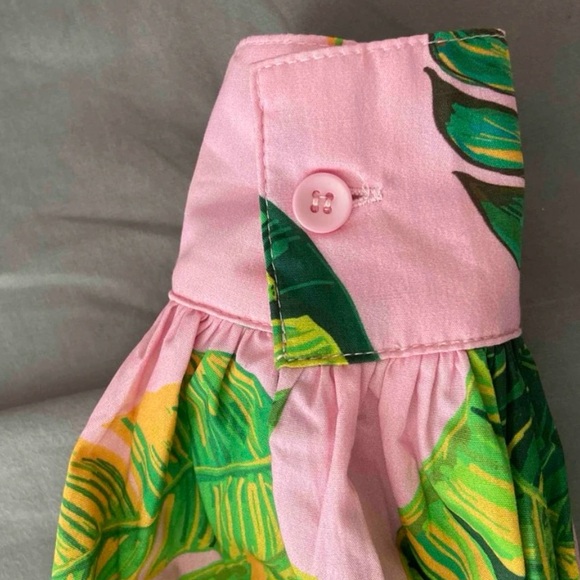 Cotton Leaf Tropical Print Pink Green Oversized Shirt Lantern Sleeve Button - Picture 10 of 10